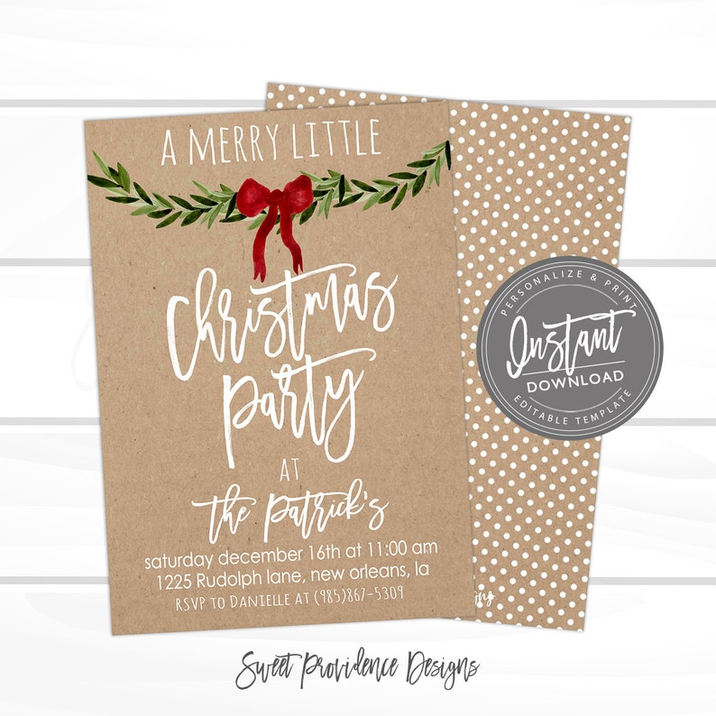 May include: A Christmas party invitation with a kraft paper background. The invitation features the text "A Merry Little Christmas Party" in white script, adorned with a watercolor garland and red bow. The back of the invitation has a polka dot pattern.