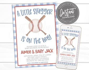 Peut inclure: Une invitation de fête prénatale sur fond de vichy bleu et blanc avec un thème de baseball. L'invitation indique "A Little Slugger is on the way" et comprend les noms "Aimee & Baby Jack".