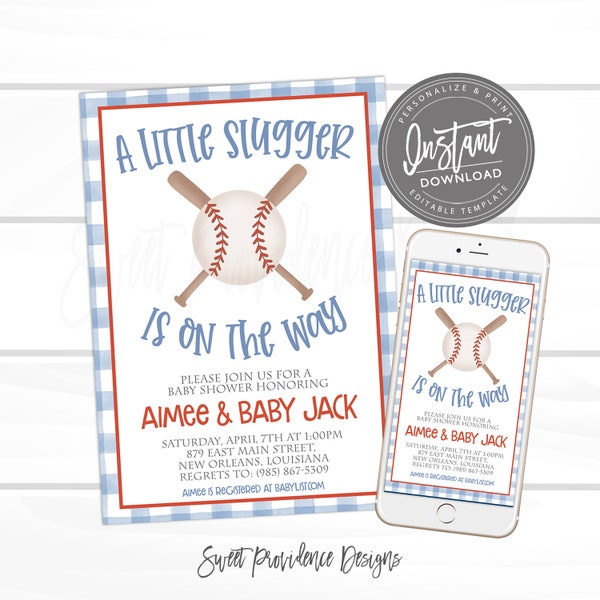 EDITABLE Baseball Baby Shower Invitation, Little Slugger Baby Shower Invite, It's a Boy Gingham Shower, Printable Instant Access - EDIT NOW