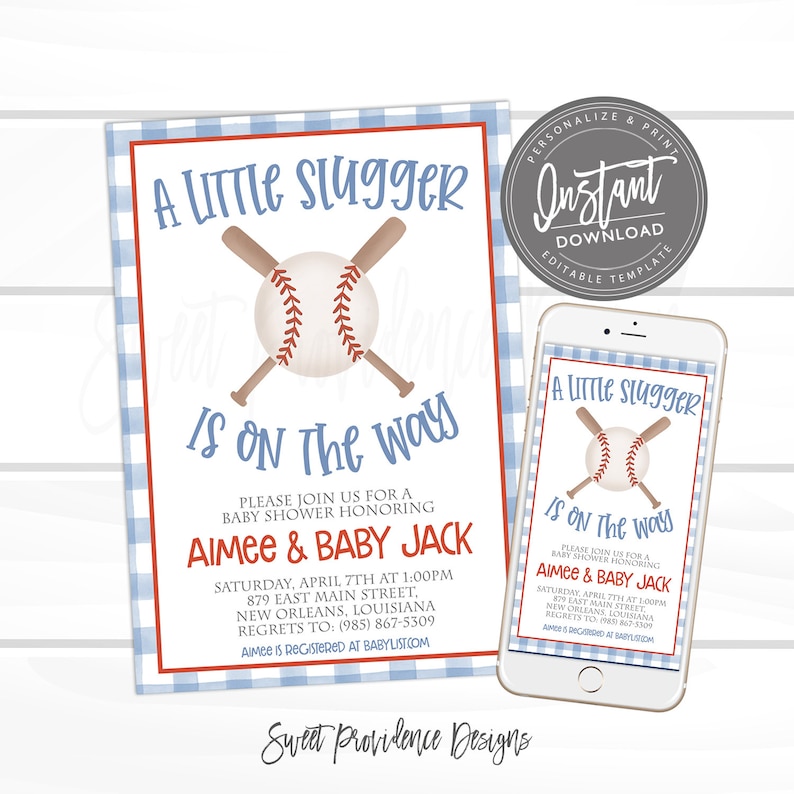 EDITABLE Baseball Baby Shower Invitation, Little Slugger Baby Shower Invite, It's a Boy Gingham Shower, Printable Instant Access - EDIT NOW image 1