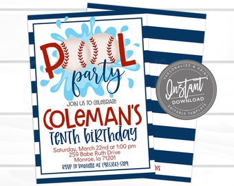 Baseball Birthday Invitation, Pool Party, Editable Baseball team party, Boy Sports Summer Birthday Invite, Printable Instant Access EDIT NOW