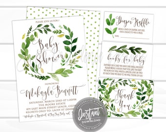 Botanical Greenery Baby Shower invite Kit, Baby Shower Invitation,  Greenery Baby Shower Suite, Editable, , Instant Access