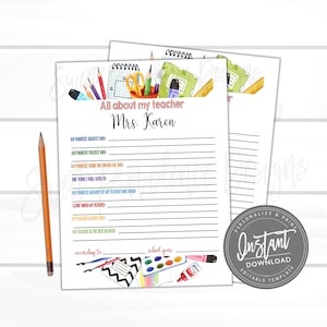 May include: Printable worksheet with a watercolor illustration of school supplies. The worksheet is titled "All about my teacher" and has a space to write the teacher's name. The worksheet includes prompts for students to write about their favorite subject, project, memory of their teacher, and more.
