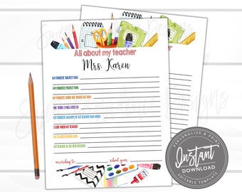 May include: Printable worksheet with a watercolor illustration of school supplies. The worksheet is titled "All about my teacher" and has a space to write the teacher's name. The worksheet includes prompts for students to write about their favorite subject, project, memory of their teacher, and more.