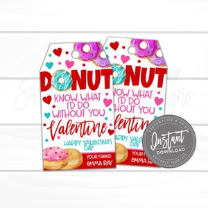 May include: Two Valentine's Day gift tags with a donut theme. The tags feature the words "DONUT" and "NUT" in large red letters, along with the phrases "Know What I'd Do Without You" and "Happy Valentine's Day."