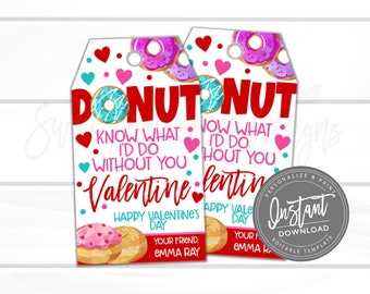 May include: Two Valentine's Day gift tags with a donut theme. The tags feature the words "DONUT" and "NUT" in large red letters, along with the phrases "Know What I'd Do Without You" and "Happy Valentine's Day."