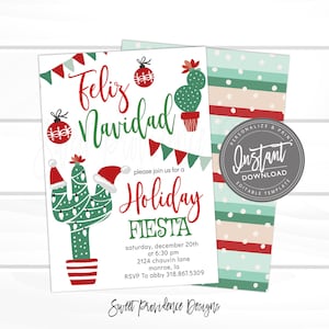 Pu&ograve; includere: Un invito festivo con le parole "Feliz Navidad" e "Holiday Fiesta" in rosso e verde. Il design include illustrazioni di cactus con cappelli di Babbo Natale ed elementi decorativi. L'invito &egrave; un modello scaricabile.