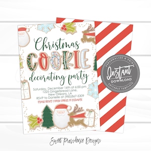May include: A Christmas Cookie Decorating Party invitation with a festive design. The invitation features gingerbread cookie-style lettering and illustrations of Santa, reindeer, and gifts. The background is white with gold speckles, and the back has red and white stripes.