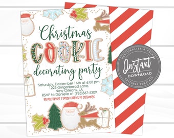 May include: A Christmas Cookie Decorating Party invitation with a festive design. The invitation features gingerbread cookie-style lettering and illustrations of Santa, reindeer, and gifts. The background is white with gold speckles, and the back has red and white stripes.