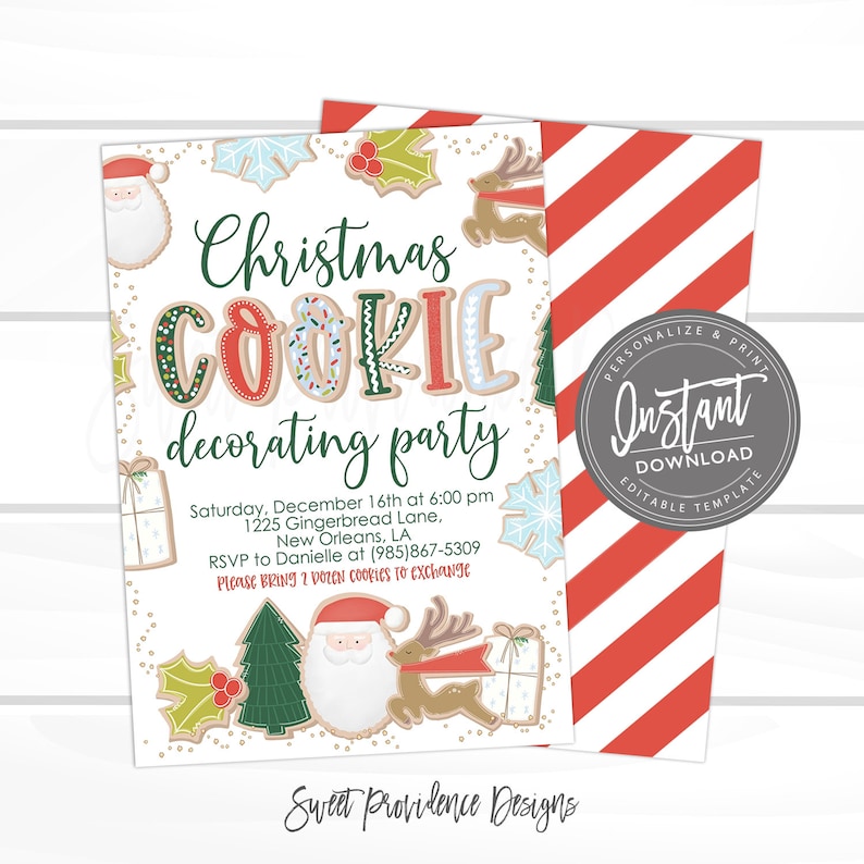 May include: A Christmas Cookie Decorating Party invitation with a festive design. The invitation features gingerbread cookie-style lettering and illustrations of Santa, reindeer, and gifts. The background is white with gold speckles, and the back has red and white stripes.