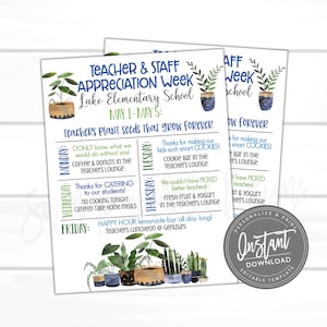 EDITABLE Teacher Appreciation Week Itinerary, Printable Digital File, Appreciation Plant Seeds Week Schedule Events Instant Access Edit Now