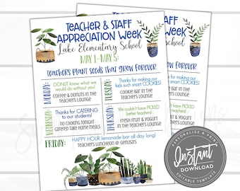 EDITABLE Teacher Appreciation Week Itinerary, Printable Digital File, Appreciation Plant Seeds Week Schedule Events Instant Access Edit Now