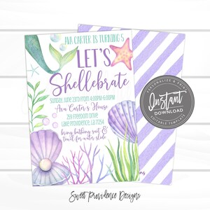 May include: A purple and green mermaid tail with a starfish and seashells. The text reads "Ava Carter is turning 5 Let's Shellebrate" and includes details for a mermaid-themed birthday party.