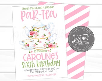 Tea Birthday Party Invitation, kids Virtual Birthday Par-Tea Invite, Pink Floral Tea Party, Editable Template, ANY Age, INSTANT ACCESS