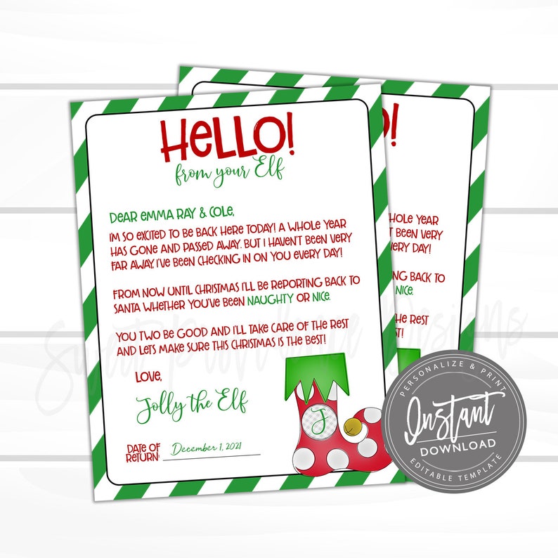 Pu&ograve; includere: Una lettera di elfo di Natale stampabile con un calzino a righe rosse e bianche con un bordo a righe verdi e bianche. La lettera dice "HELLO! from your Elf" ed &egrave; indirizzata a Emma Ray & Cole. La lettera include la data 1 dicembre 2021.