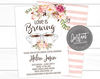 Bridal Tea Invitation, Bridal Shower Invite, Editable Boho Bridal Shower, Coffee Bridal, Love is brewing Invite, Printable Instant Access