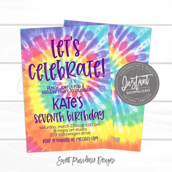 Tie Dye Party Invitation, Birthday Party, VSCO Girl Invitation, 90's Girl, TweenTie Dye Birthday Party, VSCO party, Any Age, Instant Access Il_570xn