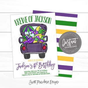 May include: A purple truck filled with Mardi Gras beads, masks, and hats. The truck is on a white background with the text "Krewe of Jackson" and "Jackson's 4th Birthday" in gold lettering. The text below the truck reads "Saturday, February 7th at 11:00 am, 800 Canal Street, New Orleans, LA. Regrets only to: Danielle at 504.867.5309. Sweet Providence Designs."