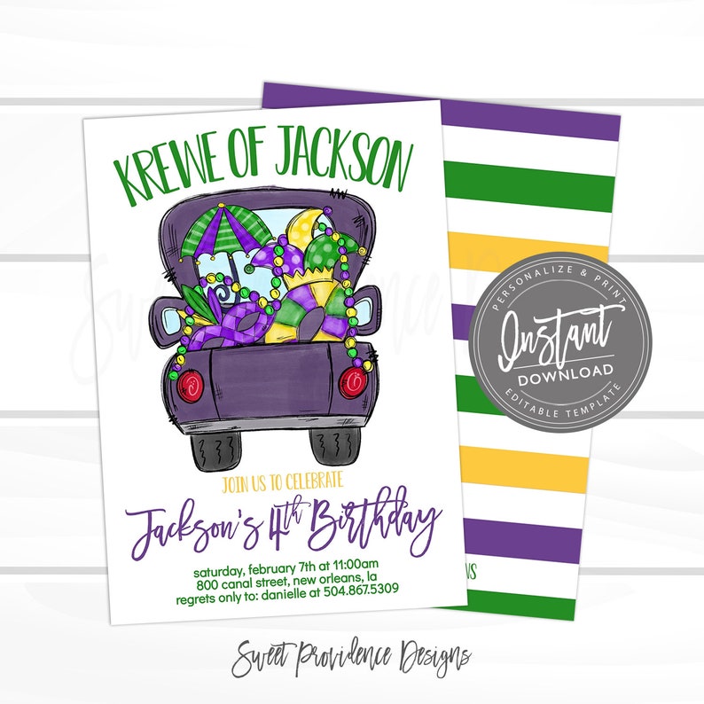 May include: A purple truck filled with Mardi Gras beads, masks, and hats. The truck is on a white background with the text "Krewe of Jackson" and "Jackson's 4th Birthday" in gold lettering. The text below the truck reads "Saturday, February 7th at 11:00 am, 800 Canal Street, New Orleans, LA. Regrets only to: Danielle at 504.867.5309. Sweet Providence Designs."