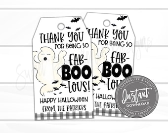 May include: Two white Halloween gift tags with a ghost illustration and the text "Thank you for being so Fab-BOO-lous!" Black bats and a checkered pattern complete the design. The tags are personalized with a family name.