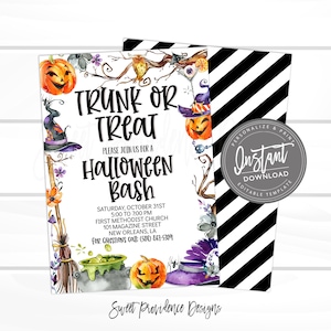May include: A Halloween party invitation with a watercolor illustration of pumpkins, witches hats, and a cauldron. The text reads "Trunk or Treat Halloween Bash" and includes the date, time, and location of the event.