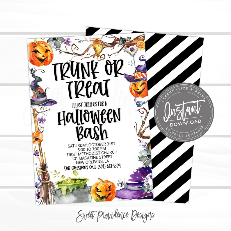 May include: A Halloween party invitation with a watercolor illustration of pumpkins, witches hats, and a cauldron. The text reads "Trunk or Treat Halloween Bash" and includes the date, time, and location of the event.