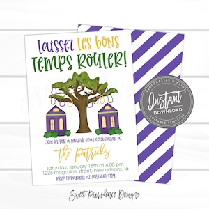 May include: A Mardi Gras party invitation with a purple, green and gold colour scheme. The invitation features a cartoon illustration of a tree with purple and green houses on either side. The text on the invitation reads "Laisser les bons temps rouler!" and "Join us for a Mardi Gras celebration at The Patricks".
