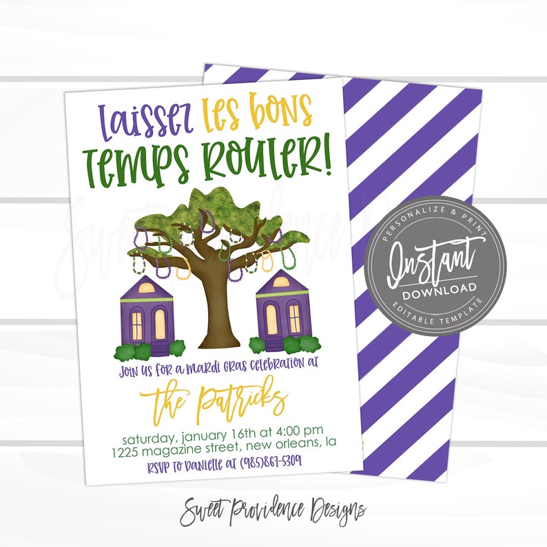May include: A Mardi Gras party invitation with a purple, green and gold colour scheme. The invitation features a cartoon illustration of a tree with purple and green houses on either side. The text on the invitation reads "Laisser les bons temps rouler!" and "Join us for a Mardi Gras celebration at The Patricks".