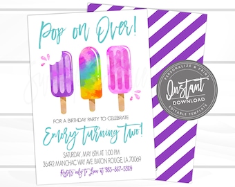 Popsicle Birthday Invitation, Pop on Over Birthday Invitation, Girl Popsicle invite, Editable Birthday template, Instant Access- EDIT NOW