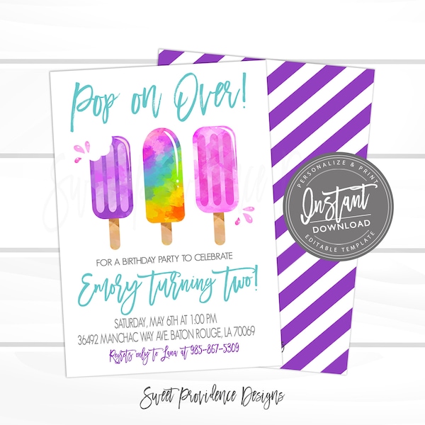 Popsicle Birthday Invitation, Pop on Over Birthday Invitation, Girl Popsicle invite, Editable Birthday template, Instant Access- EDIT NOW