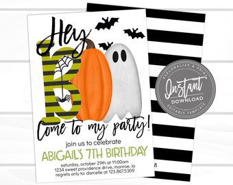 Halloween Party Invite, Editable Kids Hey Boo Halloween Invite, Halloween Printable, Costume Birthday Party, INSTANT ACCESS edit now
