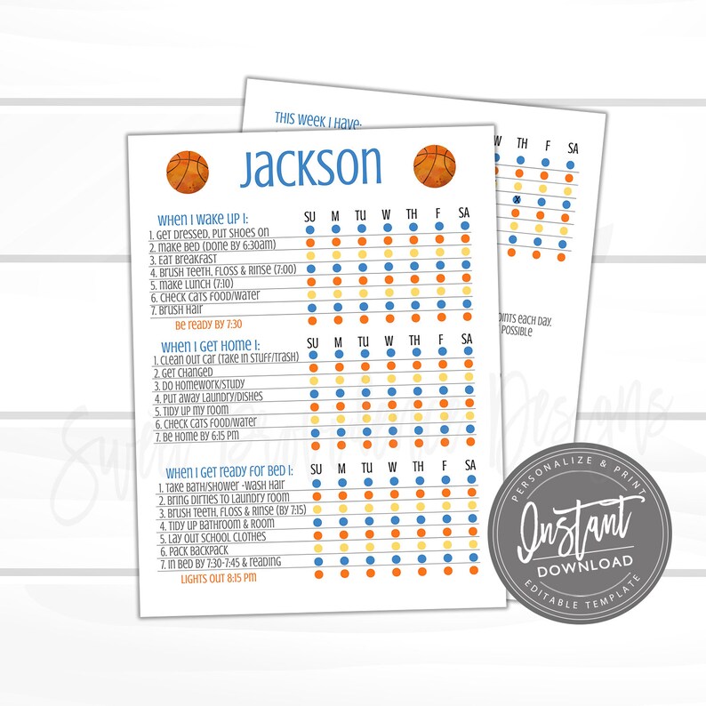 May include: A printable chore chart for children featuring a basketball theme. The chart includes a daily checklist for getting ready in the morning, getting ready for bed, and getting home from school. The chart is customisable with a name and days of the week.