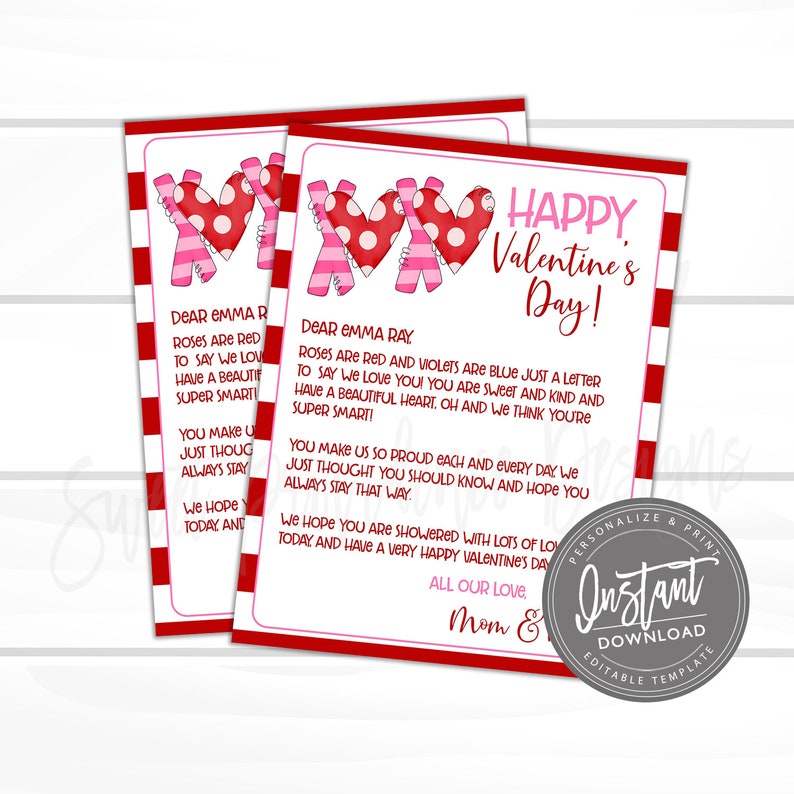 May include: Printable Valentine's Day card with red and white stripes and a pink and red heart design. The card says "Happy Valentine's Day!" and includes a message to Emma Ray.