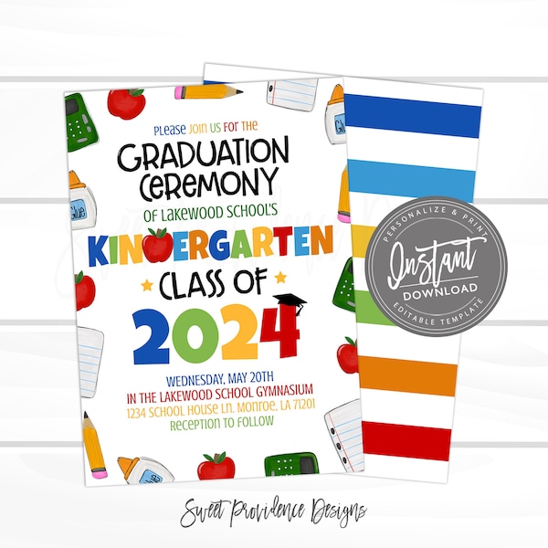 Kindergarten Graduation Ceremony Invitation, Grad Party invite class of 2024, Editable Announcement, Decor Printable Instant Access Edit now