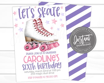 May include: A printable invitation for a sixth birthday party with a roller skating theme. The invitation features a pair of white roller skates with pink wheels and pink laces. The text on the invitation reads "Let's skate" and "Caroline's Sixth Birthday".