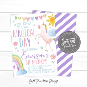 Unicorn Birthday Invitation, Unicorn Invitation Template, Magical Celebration Editable Girl Rainbow Birthday invite template, Instant Access