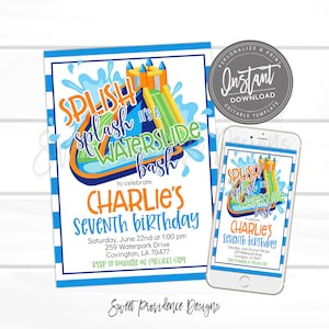 Może przedstawiać: Zaproszenie w niebiesko-białe paski z rysunkiem zjeżdżalni wodnej i tekstem "Splish Splash It's a Waterslide Bash to celebrate Charlie's Seventh Birthday" ze szczeg&oacute;łami dotyczącymi imprezy.