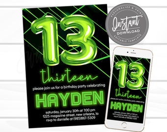 13th birthday Invitation, ANY AGE Editable Birthday Invitation, Gamer Neon laser, Surprise, teen 13 12 11, Printable Invite, Instant Access