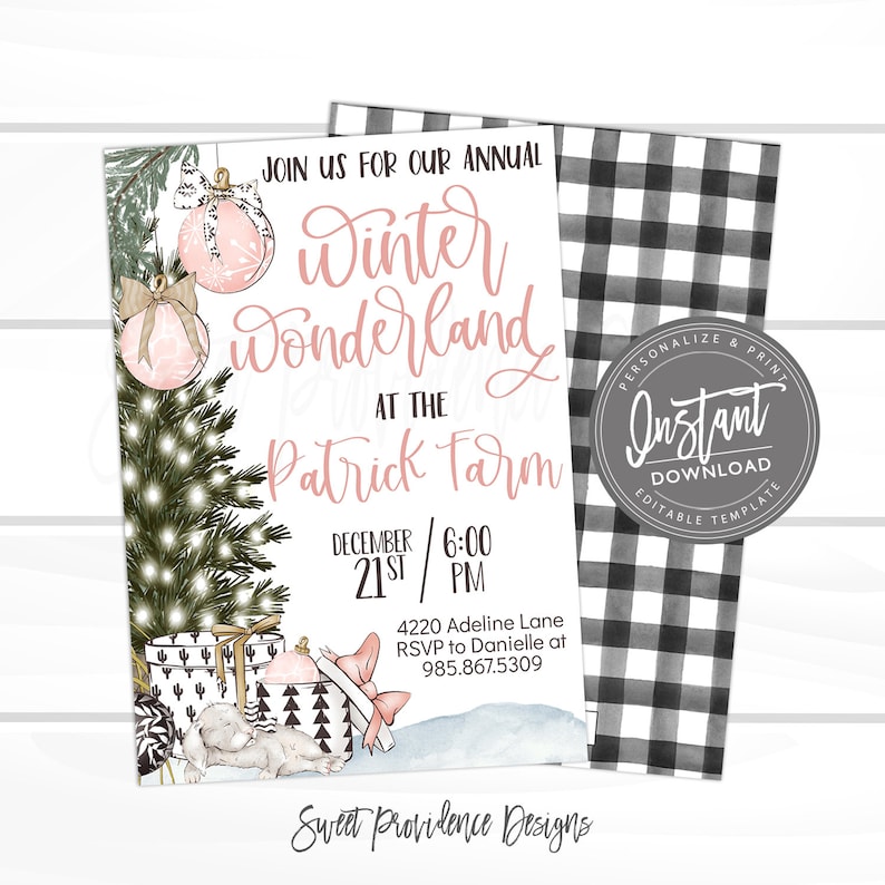 May include: A holiday-themed invitation with the text "Join us for our annual Winter Wonderland at the Patrick Farm." The design includes a Christmas tree, ornaments, and gifts. The invitation also has a black and white buffalo check pattern.