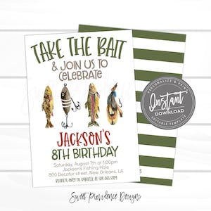 Fishing Birthday Invitation, Fish Theme birthday, Editable Boy Birthday template, take the Bait, Fish Invite, Instant Access, Edit Now