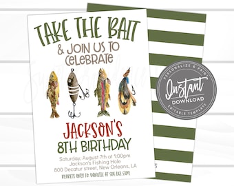May include: A fishing-themed birthday invitation with the text "Take the Bait & Join Us to Celebrate." The invitation features watercolor illustrations of fish and lures. The invitation is for Jackson's 8th birthday.