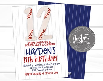 Baseball Birthday Invitation, ANY AGE Editable baseball theme, team party, Boy Sports Birthday Invitation, Printable Instant Access Edit NOW