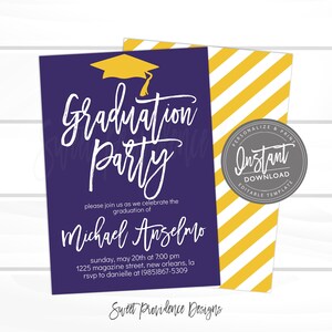 May include: Purple and yellow graduation party invitation with a white graduation cap icon. The text reads "Graduation Party" and "Please join us as we celebrate the graduation of Michael Anselmo". The invitation includes the date, time, address, and RSVP information.