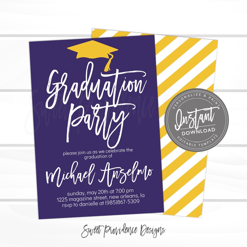 May include: Purple and yellow graduation party invitation with a white graduation cap icon. The text reads "Graduation Party" and "Please join us as we celebrate the graduation of Michael Anselmo". The invitation includes the date, time, address, and RSVP information.
