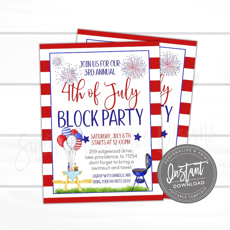 Editable Block Party Flyer, 4th of July Neighborhood Street Party, Backyard Summer BBQ, Fourth of July Fireworks, Instant Access Edit Now image 1