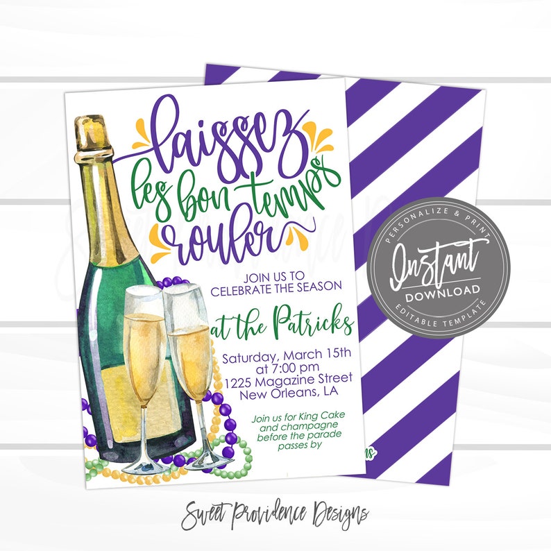 Mardi Gras Invitation, Editable Champagne Laissez les bon temps rouler, New Orleans Court Carnival Party printable template, Instant Access bild 1