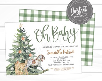 May include: A baby shower invitation with a Christmas theme. The design features a watercolor Christmas tree, a rocking horse, and the words "Oh Baby." The invitation includes event details and is from Sweet Providence Designs.