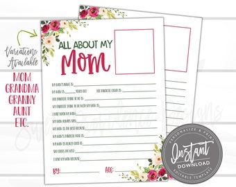 Cuestionario EDITABLE del Día de la Madre, Todo sobre mamá, Preguntas de encuesta para niños, Encuesta del Día de las Madres, Regalo del Día de la Madre, Abuela Presente
