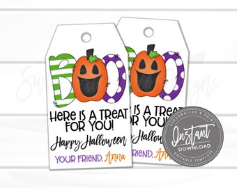 May include: Two white Halloween gift tags with a pumpkin and the word "BOO" in green and purple. The tags read "Here is a treat for you! Happy Halloween, Your friend, Anna."