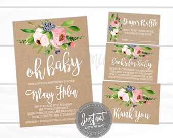 Rustic Baby Shower Invitation Kit, Pink Floral Watercolor Baby Girl Shower invite, Watercolor Floral Kraft baby Invitation, Instant Access